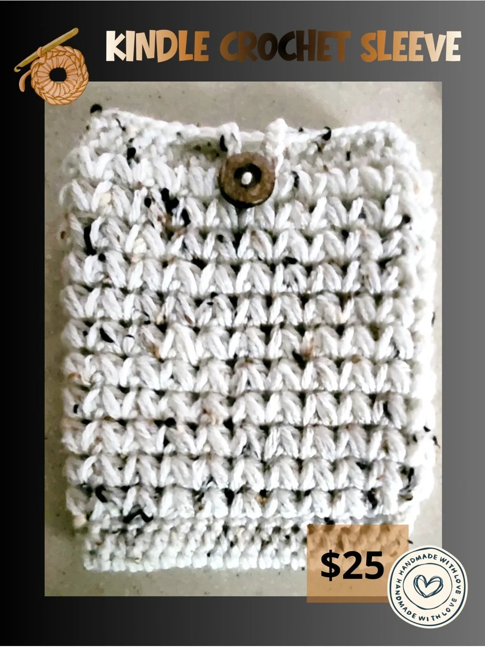 Handmade Crochet Kindle Sleeve in Cream with Speckled Accents
